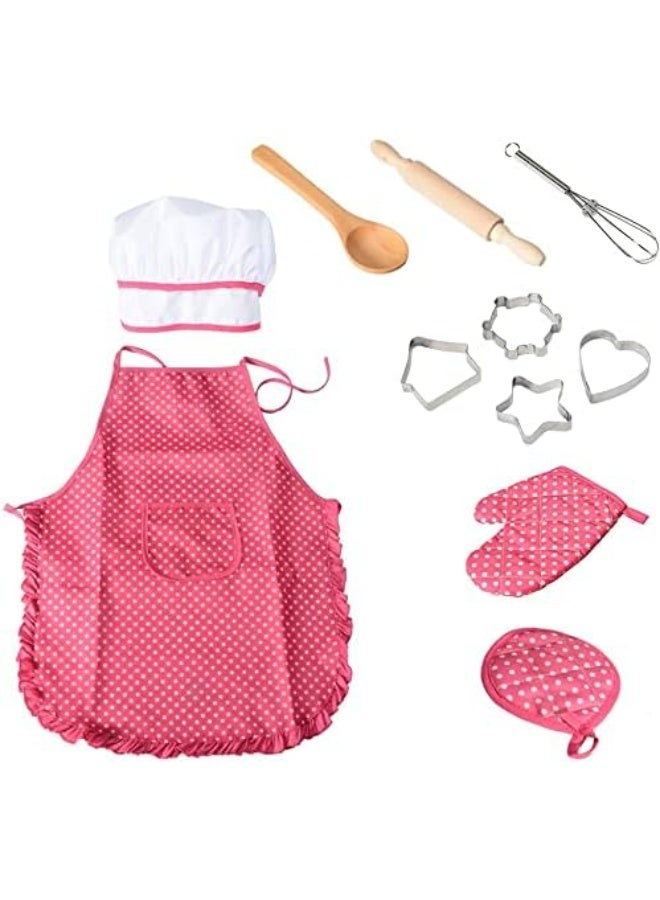 Chef Set for Kids,11pcs Kitchen Costume Role Play Kits, Girls Apron with Chef Hat,Cooking Mitt and Cookie Cutters (Rose red) - Image 1