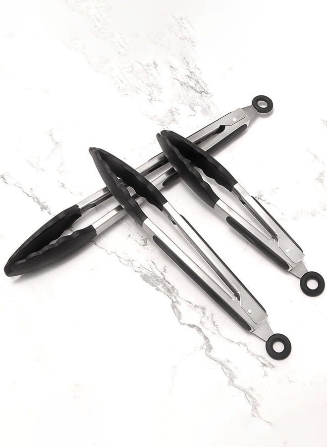 Hanayo 3 Pcs Kitchen Tongs Stainless Steel Kitchen Tongs Set 7/9/12 Inches Food Grade Handy Tongs with Silicone Tips for Cooking Barbecue BBQ Grilling Buffet Serving(Black) - Image 2