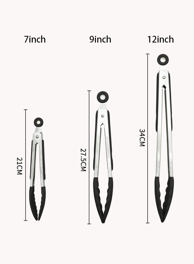 Hanayo 3 Pcs Kitchen Tongs Stainless Steel Kitchen Tongs Set 7/9/12 Inches Food Grade Handy Tongs with Silicone Tips for Cooking Barbecue BBQ Grilling Buffet Serving(Black) - Image 3