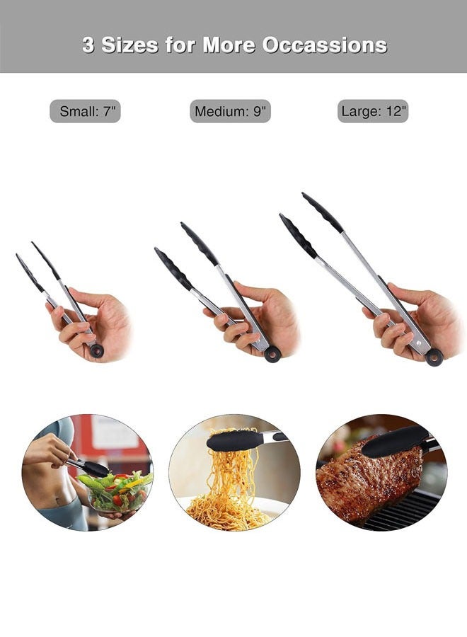 Hanayo 3 Pcs Kitchen Tongs Stainless Steel Kitchen Tongs Set 7/9/12 Inches Food Grade Handy Tongs with Silicone Tips for Cooking Barbecue BBQ Grilling Buffet Serving(Black) - Image 4
