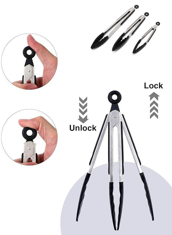 Hanayo 3 Pcs Kitchen Tongs Stainless Steel Kitchen Tongs Set 7/9/12 Inches Food Grade Handy Tongs with Silicone Tips for Cooking Barbecue BBQ Grilling Buffet Serving(Black) - Image 5