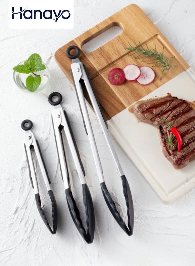 Hanayo 3 Pcs Kitchen Tongs Stainless Steel Kitchen Tongs Set 7/9/12 Inches Food Grade Handy Tongs with Silicone Tips for Cooking Barbecue BBQ Grilling Buffet Serving(Black) - Image 1