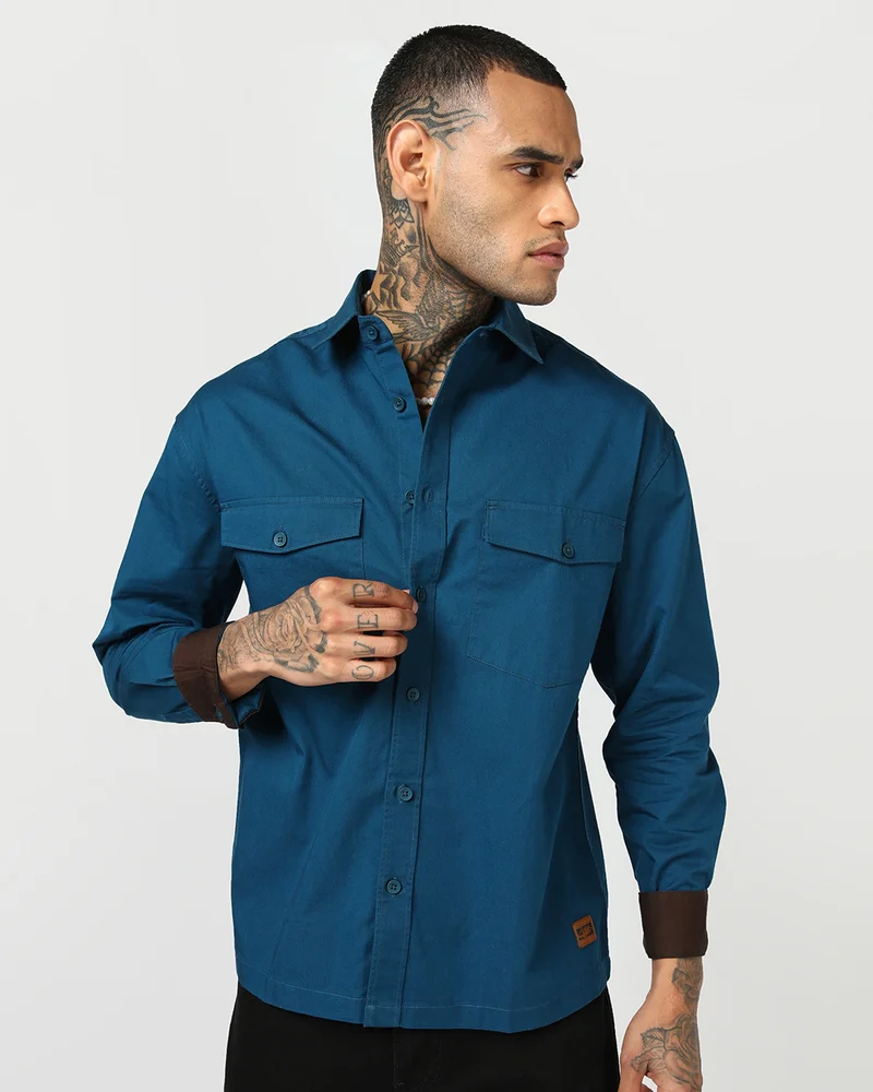 بيواكوف Men's Teal Blue Oversized Shirt