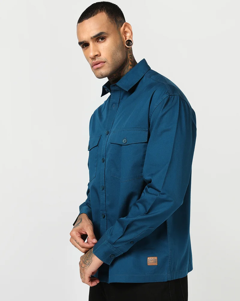 بيواكوف Men's Teal Blue Oversized Shirt