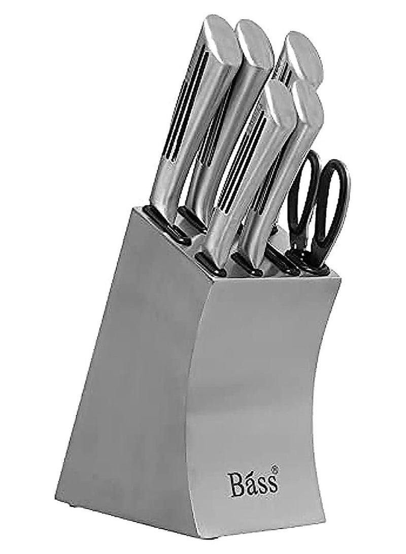باس مجموعة سكاكين ستانلس ستيل من 7 قطع مع حامل، فضي - Image 1