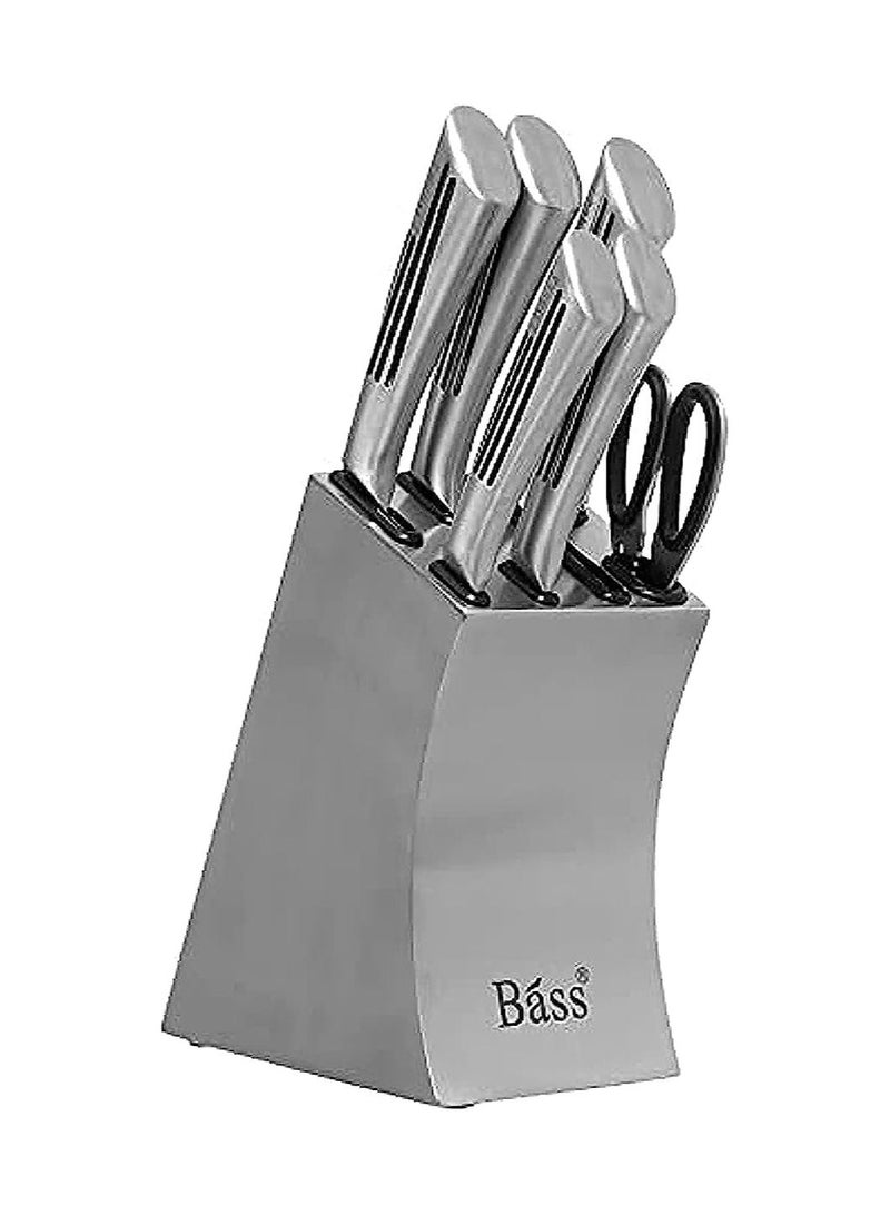 Bass 7-Piece Stainless Steel Knife Set with Holder, Silver - Image 1