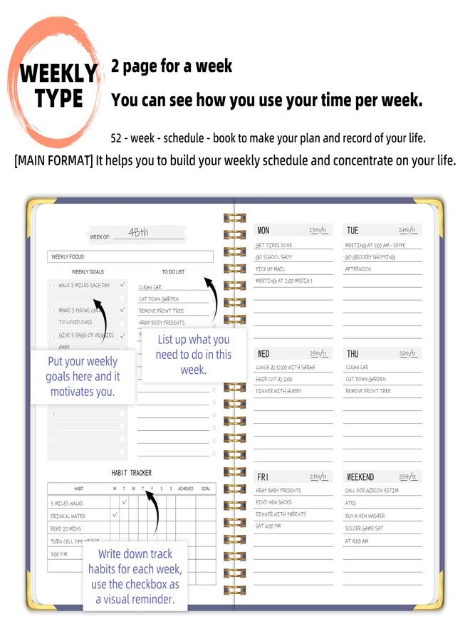 KAICN Undated Weekly Planner Hardcover with Metal Corner Notebook, A5 To Do List Planner, Habit Tracker Journal with adhesive binding, 5.7 x 8.0 inches-Purple - Image 4