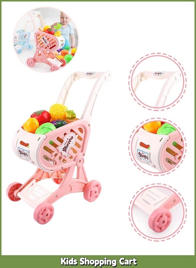 Kids Shopping Cart Trolley Play Set with Pretend Food and Accessories, Kids Shopping Cart, Pretend Shopping Playset, The Ideal Size for Toddlers, Perfect for Ages 3+ Pretend Play and Role-Playing Games（Pink） - Image 1