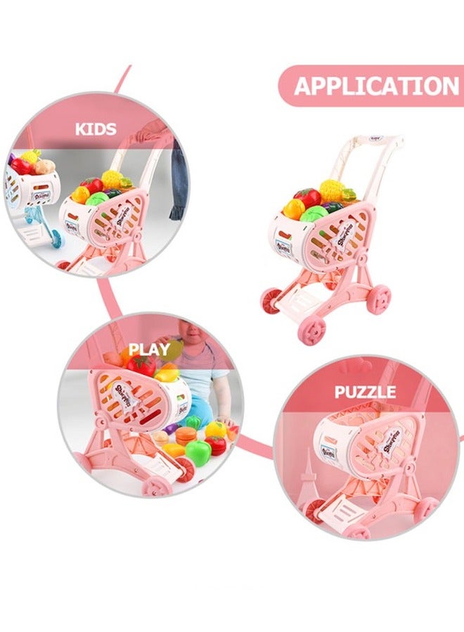 Kids Shopping Cart Trolley Play Set with Pretend Food and Accessories, Kids Shopping Cart, Pretend Shopping Playset, The Ideal Size for Toddlers, Perfect for Ages 3+ Pretend Play and Role-Playing Games（Pink） - Image 5