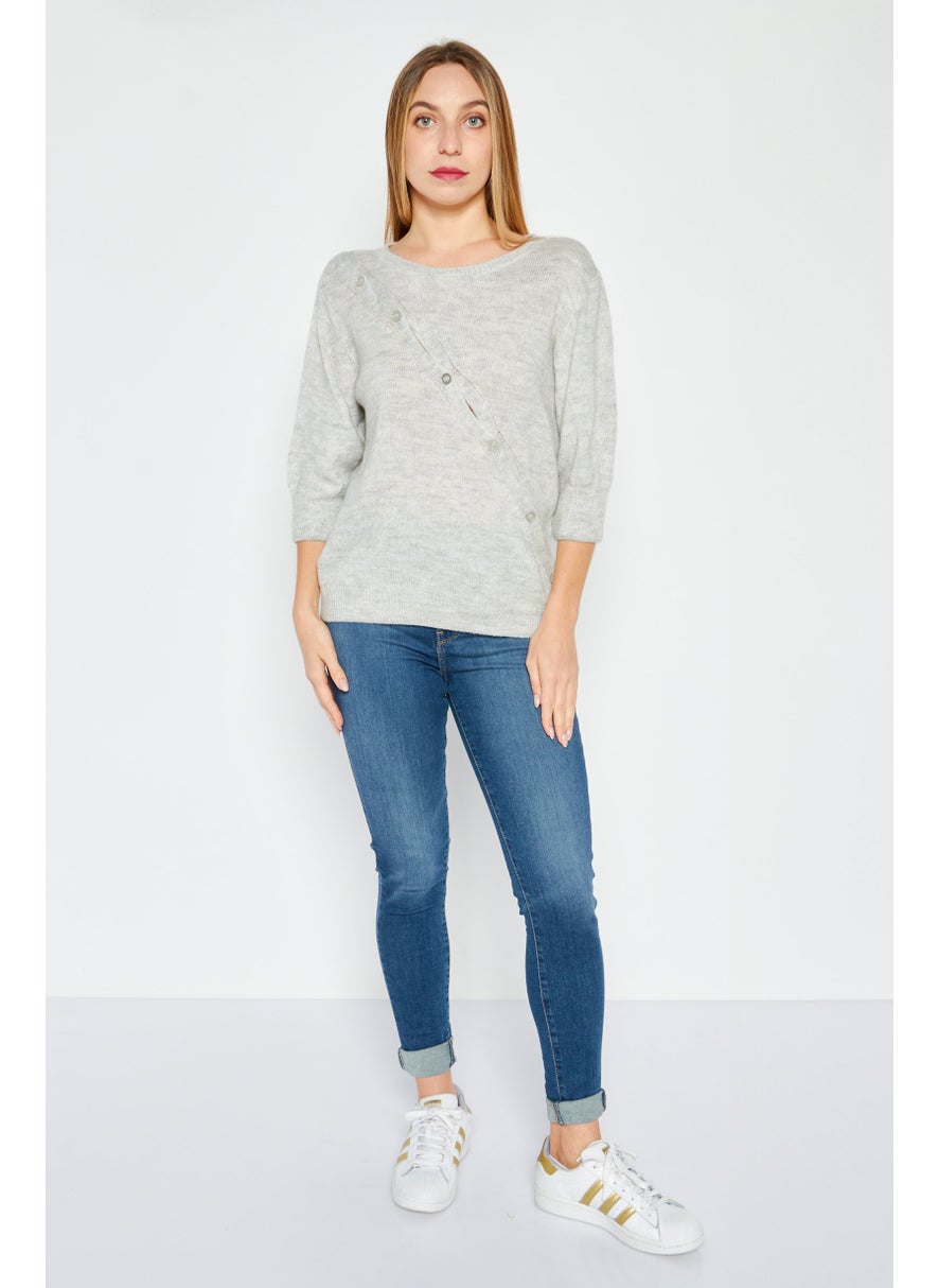 Etam Women Round Neck Elbow Sleeves Knitted Top, Grey  - Image 2
