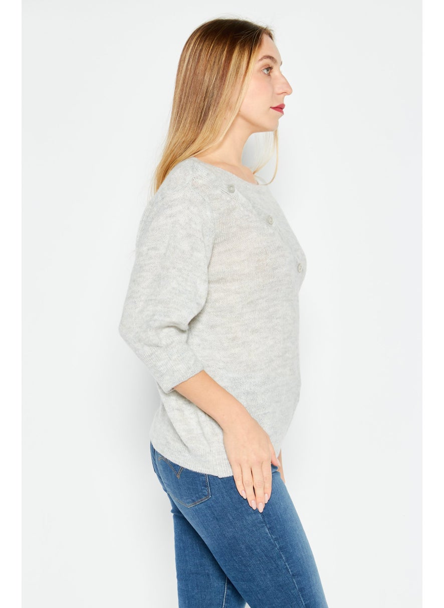 Etam Women Round Neck Elbow Sleeves Knitted Top, Grey  - Image 4