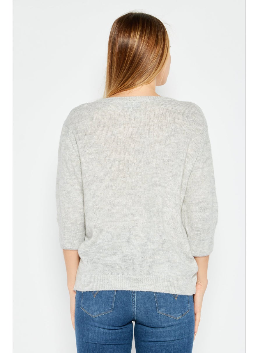Etam Women Round Neck Elbow Sleeves Knitted Top, Grey  - Image 3