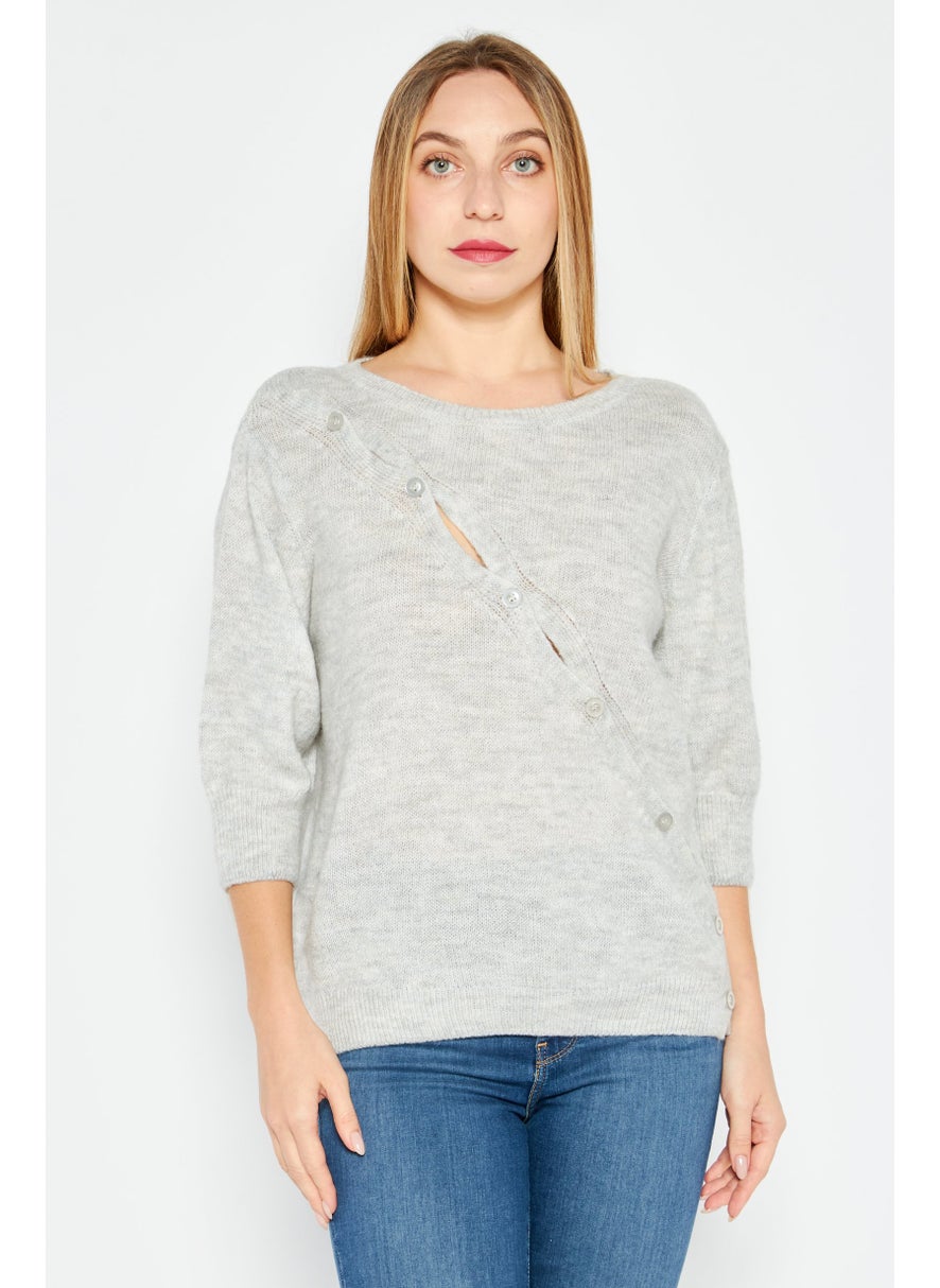 Etam Women Round Neck Elbow Sleeves Knitted Top, Grey  - Image 1