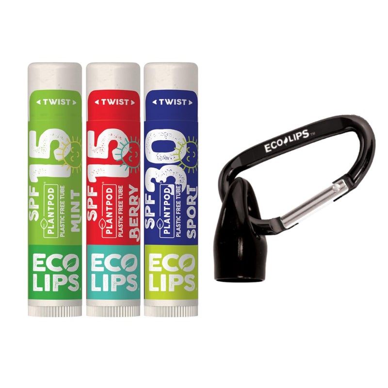 Eco Lips Broad Spectrum SPF Sun Protection Lip Balm 3Pack with Carabiner Eco Clip Berry Vanilla Mint With Cocoa Butter  Aloe to Moisturize Lips  Made in USA