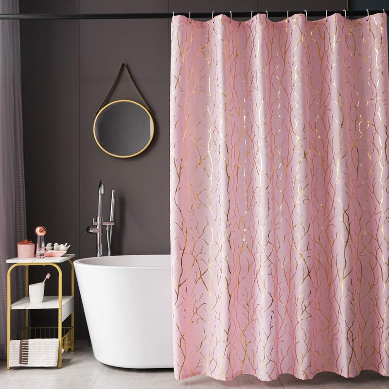 FINECITY Pink Shower Curtain  Metallic Gold Foil Branch Pattern Print Pink Shower Curtain 72 Inch Long Grommet Shower Curtain Set with 12 Hooks 72 x 72 Inch Pink and Gold