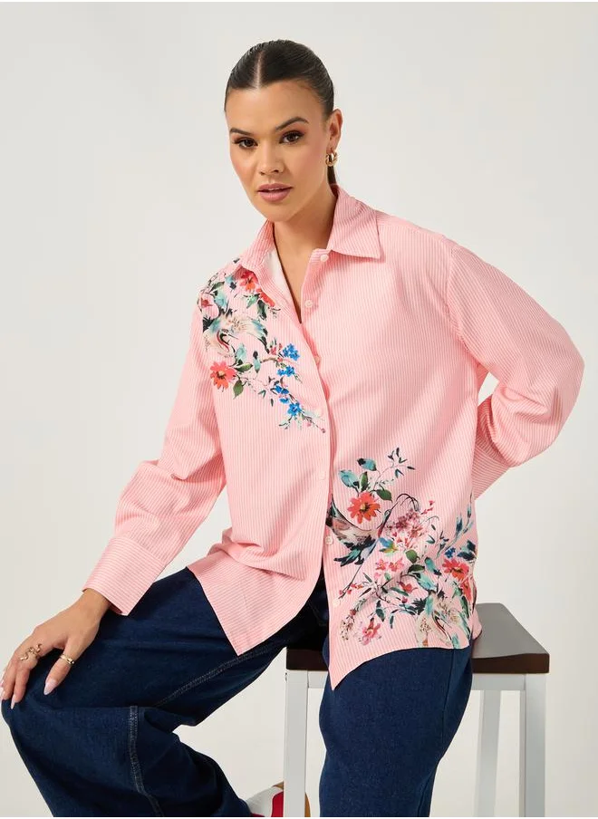 ستايلي Long Sleeve Oversized  Floral Printed Collared Shirt