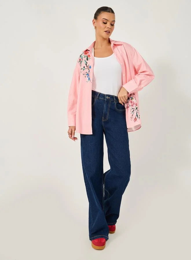 Styli Long Sleeve Oversized  Floral Printed Collared Shirt