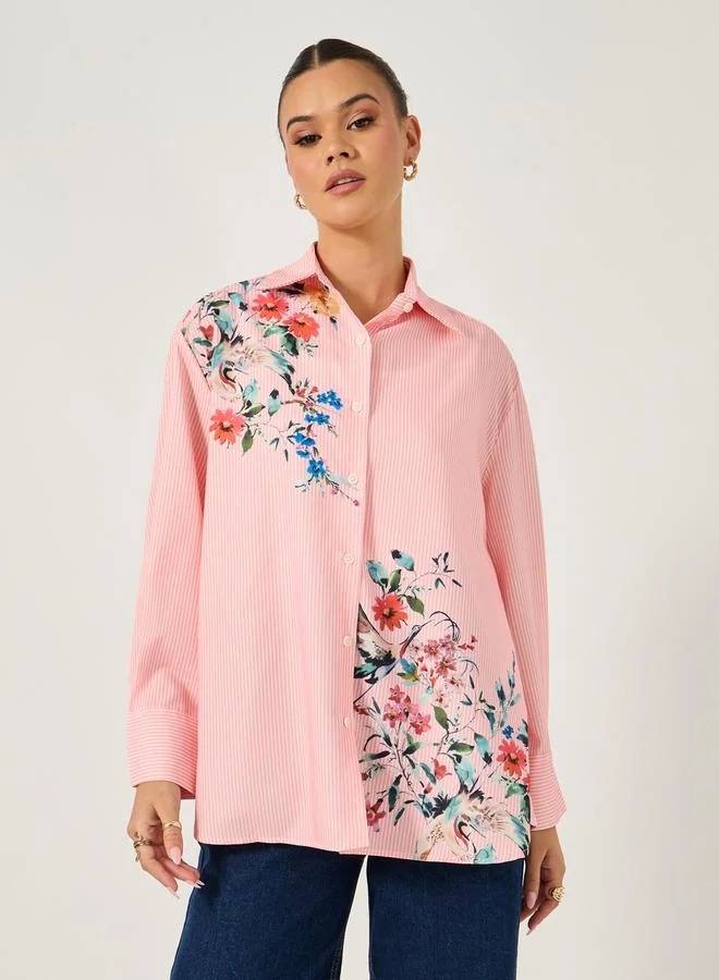 Styli Long Sleeve Oversized  Floral Printed Collared Shirt