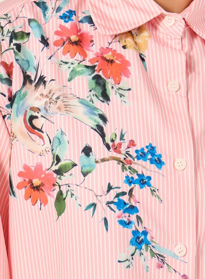 Styli Long Sleeve Oversized  Floral Printed Collared Shirt