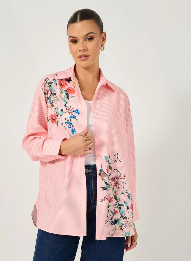 Styli Long Sleeve Oversized  Floral Printed Collared Shirt