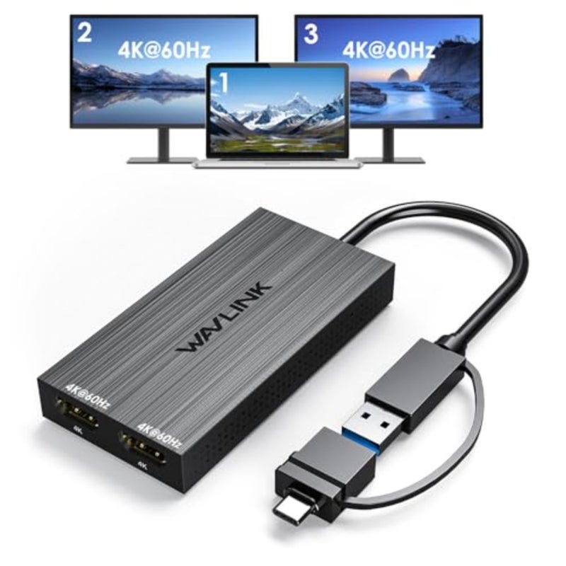 موزع HDMI مزدوج للعرض الممتد: USB 3.0/USB-C إلى HDMI مزدوج، DisplayLink، 4K@60 هرتز، غطاء من الألومنيوم، أسود، دعم التوصيل والتشغيل لأجهزة Mac M1/M2/M3 وWindows 10/11 - Image 1