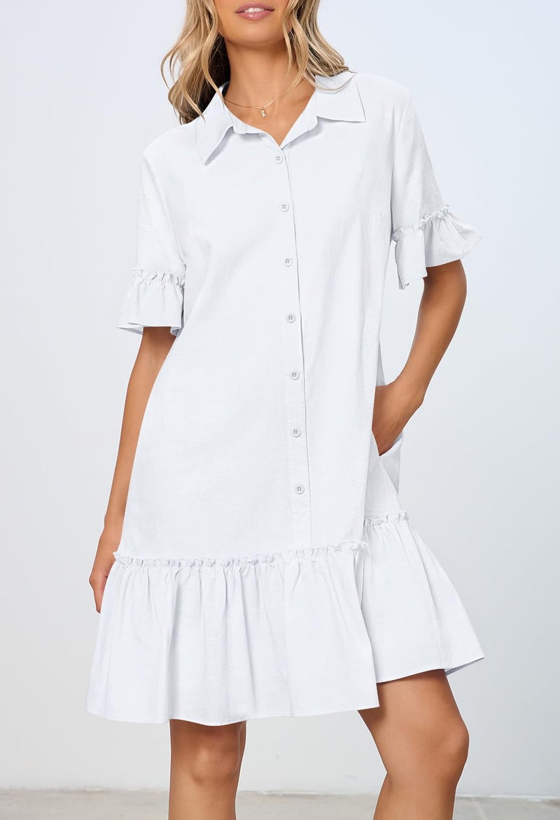 MEROKEETY Women's 2026 Summer Casual Shirt Dress Button Down Ruffle Sleeve Shift Mini Dresses with Pockets, White, Large - Image 3