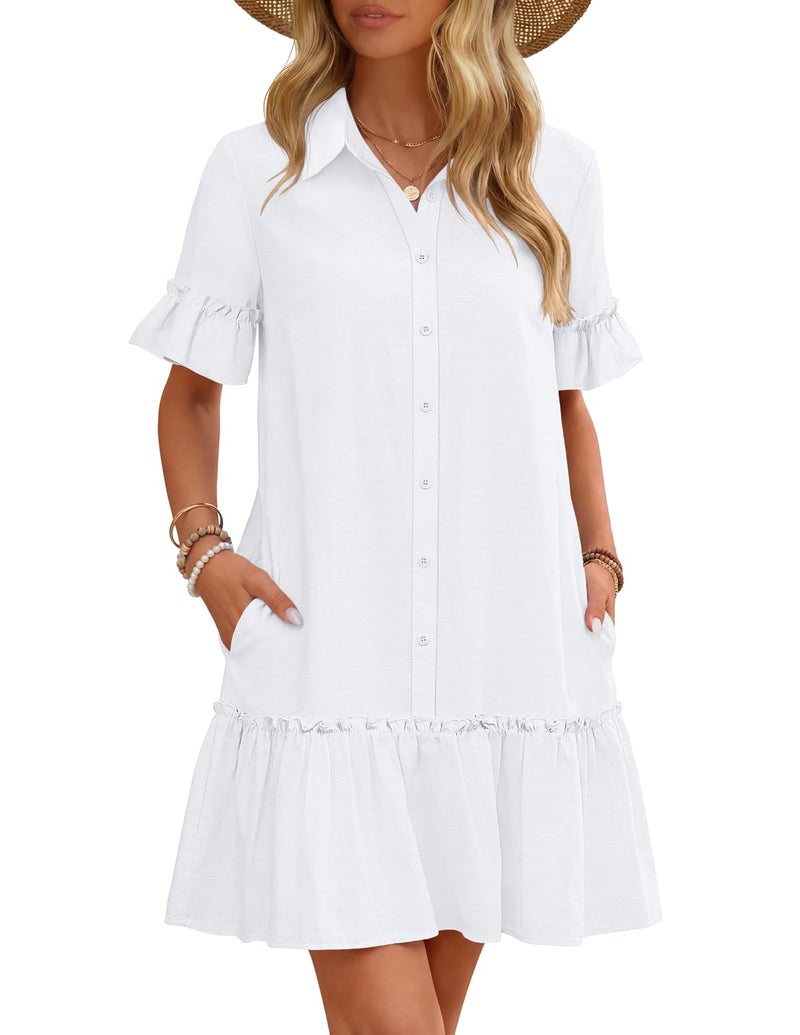 MEROKEETY Women's 2026 Summer Casual Shirt Dress Button Down Ruffle Sleeve Shift Mini Dresses with Pockets, White, Large - Image 1