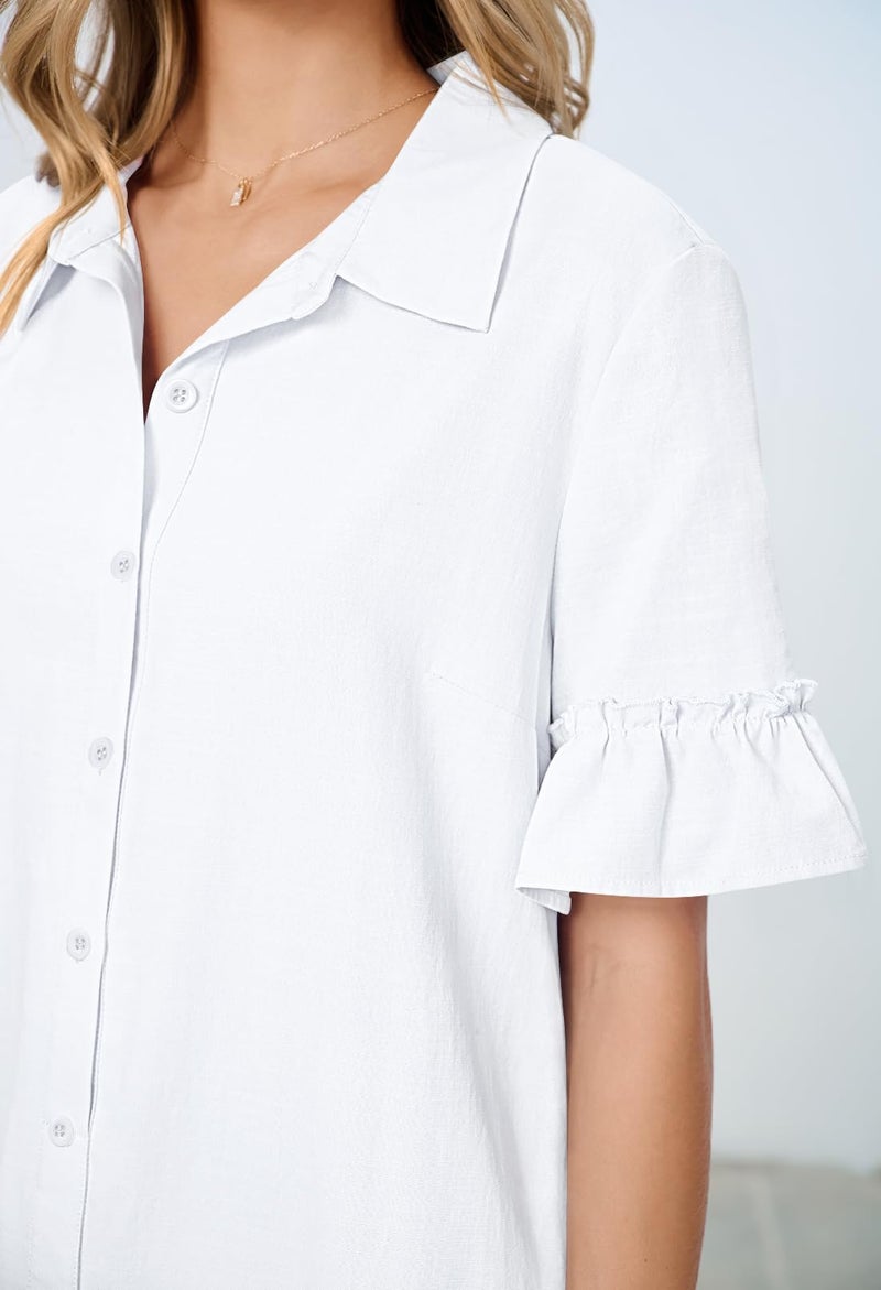 MEROKEETY Women's 2026 Summer Casual Shirt Dress Button Down Ruffle Sleeve Shift Mini Dresses with Pockets, White, Large - Image 5