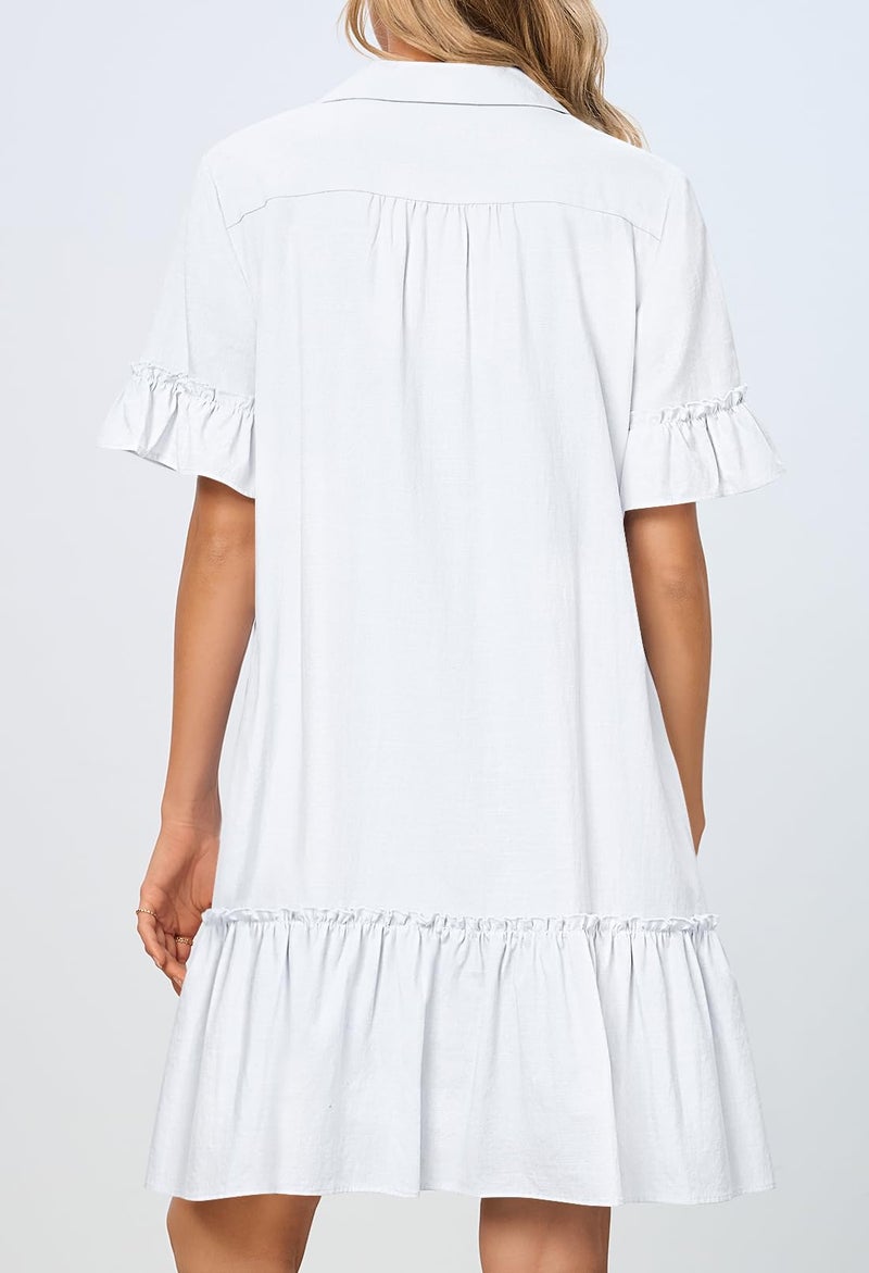 MEROKEETY Women's 2026 Summer Casual Shirt Dress Button Down Ruffle Sleeve Shift Mini Dresses with Pockets, White, Large - Image 4