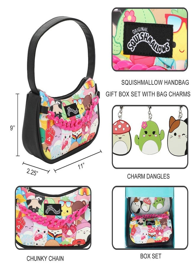 Bioworld Squishmallows Handbag 4-Piece Gift Box Set Character Collage Design Purse with Pink Chain and Collectible Rubber Charms - Image 3