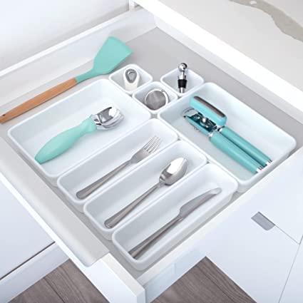 JUZR 8 Pack Interlocking Drawer Organizers Storage Bins Bathroom Office Kitchen Organization Containers for Organizing Multiple Sizes White - Image 1