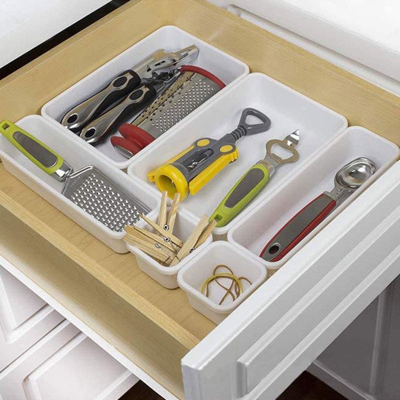 JUZR 8 Pack Interlocking Drawer Organizers Storage Bins Bathroom Office Kitchen Organization Containers for Organizing Multiple Sizes White - Image 5