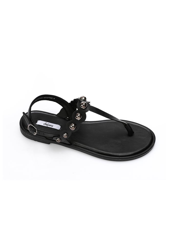 DejaVu Black Thong Toe Shape Studded Sandals  - Image 5