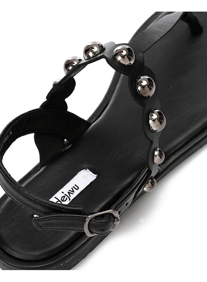 DejaVu Black Thong Toe Shape Studded Sandals  - Image 4