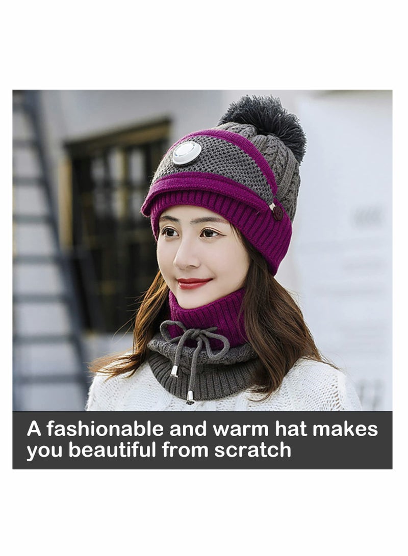 KASTWAVE Winter Beanie Hat for Women, Winter Scarf Mask Set, Warm Soft Slouchy Skull Cap with Pom Pom, Thickened Knitted Woolen Hat with Warm Mask and Neck Scarf - Image 2