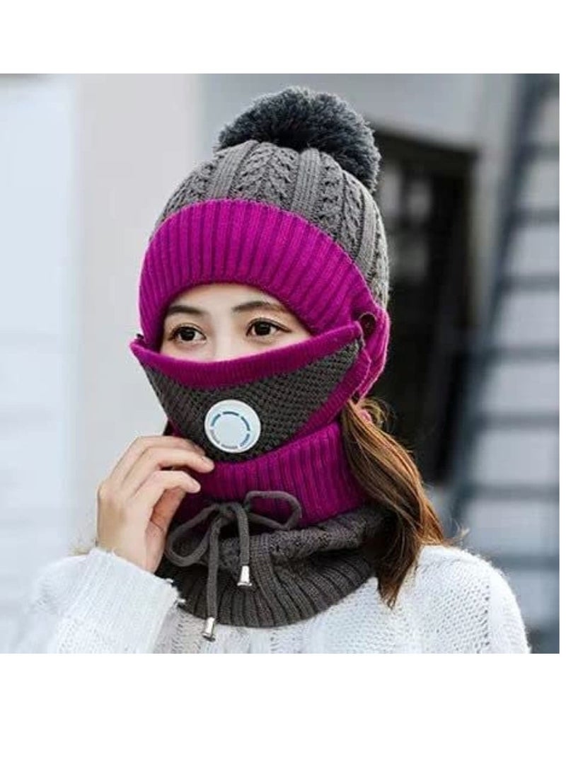 KASTWAVE Winter Beanie Hat for Women, Winter Scarf Mask Set, Warm Soft Slouchy Skull Cap with Pom Pom, Thickened Knitted Woolen Hat with Warm Mask and Neck Scarf - Image 4