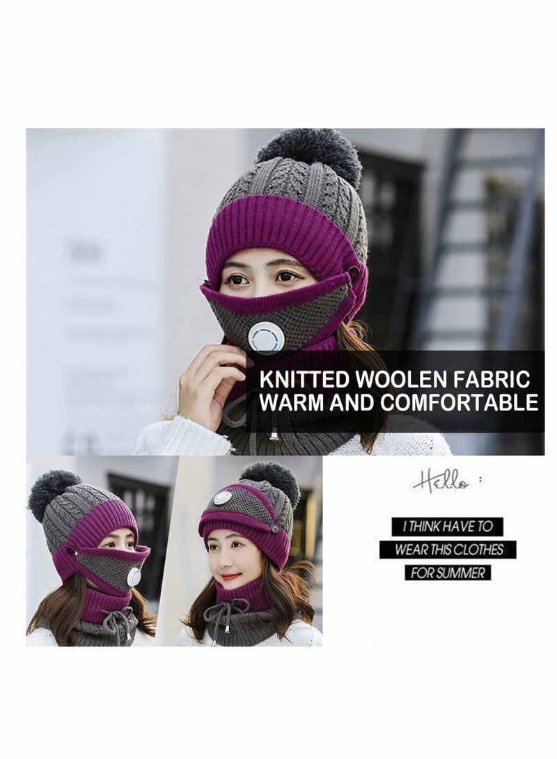 KASTWAVE Winter Beanie Hat for Women, Winter Scarf Mask Set, Warm Soft Slouchy Skull Cap with Pom Pom, Thickened Knitted Woolen Hat with Warm Mask and Neck Scarf - Image 3