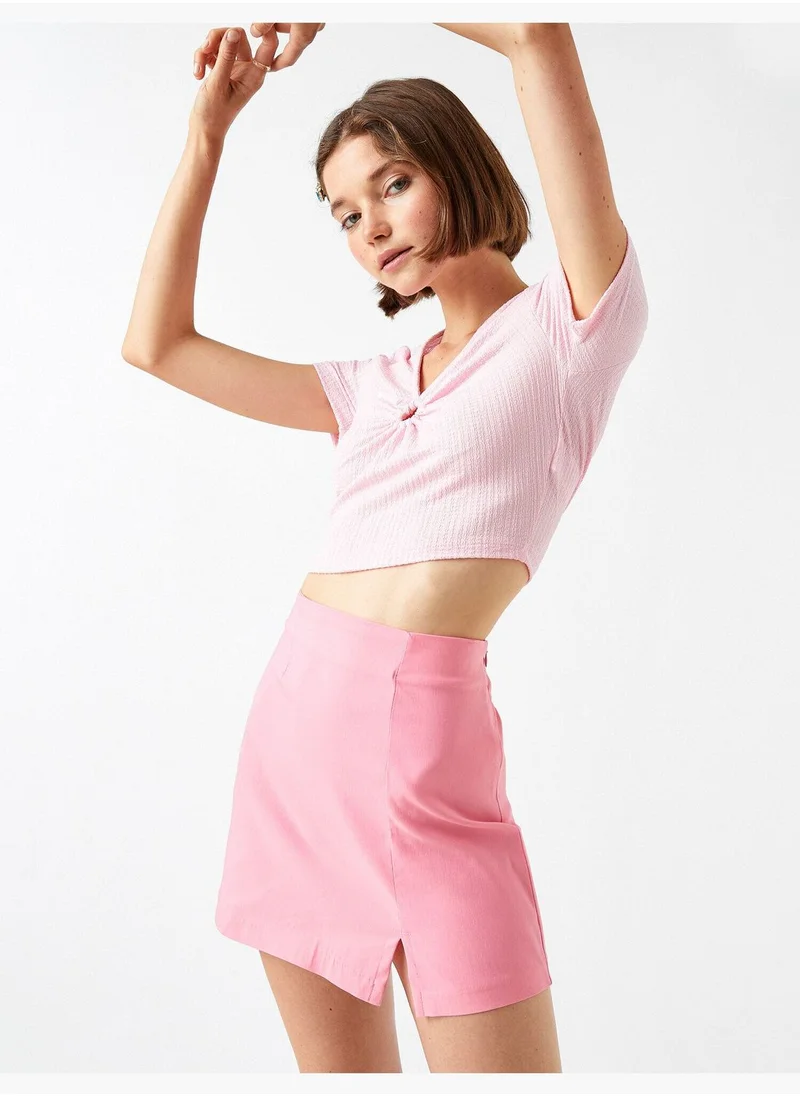 KOTON Crop T-Shirt V Neck Cut Out Detail