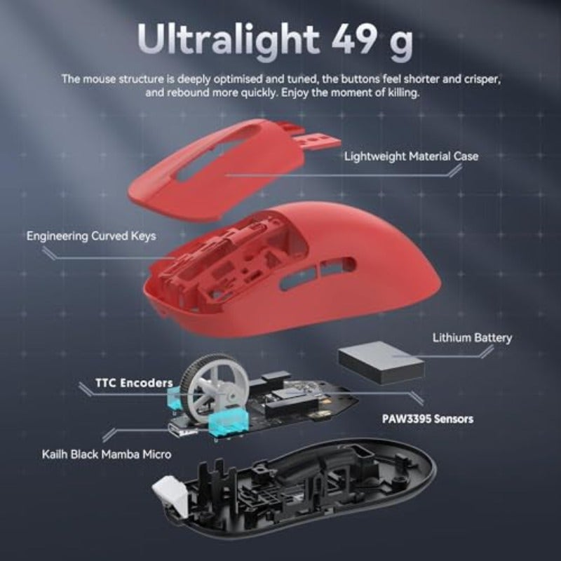 MAMBASNAKE Attack Shark X3 Wireless Gaming Mouse 49g Ultralight PixArt PAW3395 26000 DPI Bluetooth 2.4Ghz Wired Tri-Mode 200Hrs Rechargeable Battery Kailh GM8.0 Switch for PC MAC Win - Red - Image 5