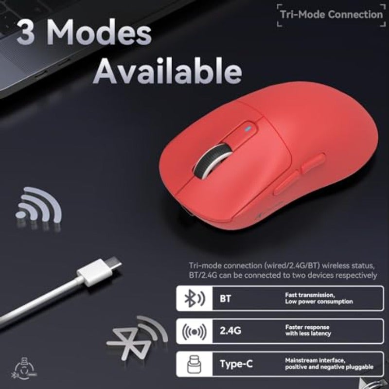 MAMBASNAKE Attack Shark X3 Wireless Gaming Mouse 49g Ultralight PixArt PAW3395 26000 DPI Bluetooth 2.4Ghz Wired Tri-Mode 200Hrs Rechargeable Battery Kailh GM8.0 Switch for PC MAC Win - Red - Image 4