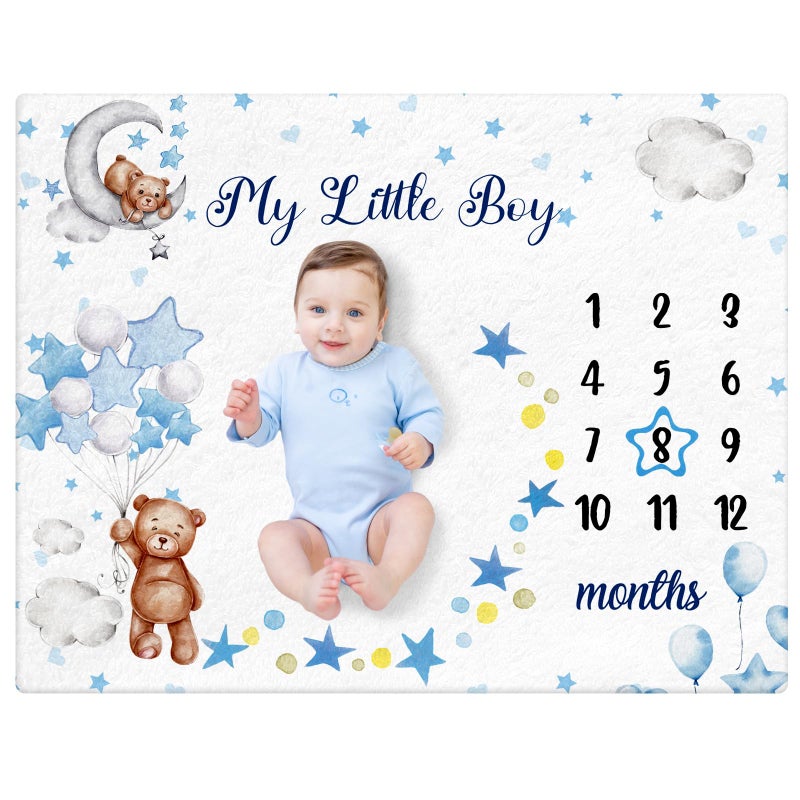 Mindsoft Sleeping Bear Monthly Baby Milestone Blanket Bear Star Balloon Flannel Blanket Boy Newborn Infant Swaddle Growth Baby Frame for Boys Girls Nursery Blue