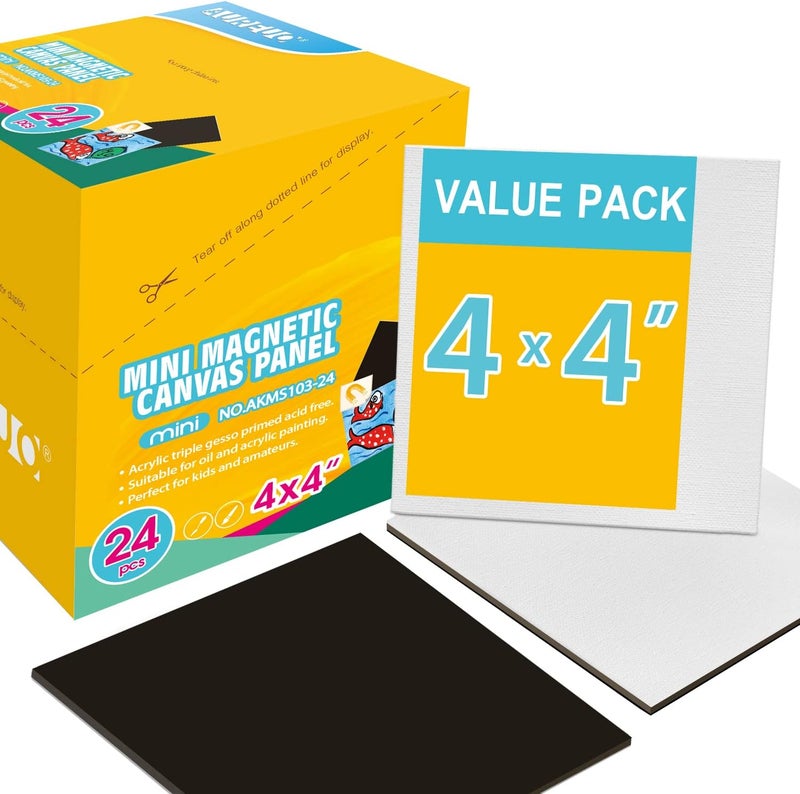 AUREUO Mini Magnetic Canvas Panel 4x4 Inch / 24 Pack - Small Square Flat Canvas Board with Magnet Back Art Gift Set, Bulk Pack Tiny Thin Canvases for Christmas Painting & Craft - Image 1
