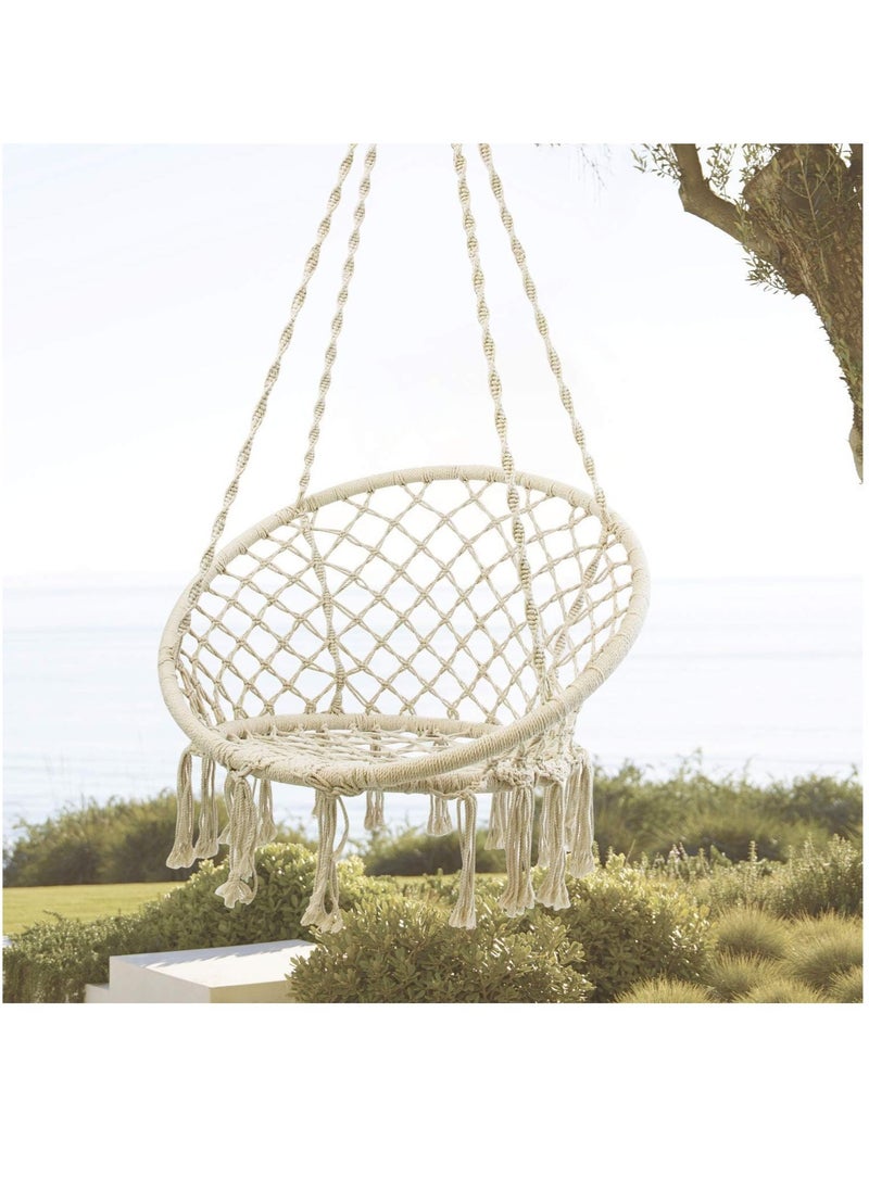 Hammock Chair Macrame Swing with Hanging Hardware Kit, Handmade Knitted Cotton Rope Hanging Chair, for Indoor Outdoor,(beige)