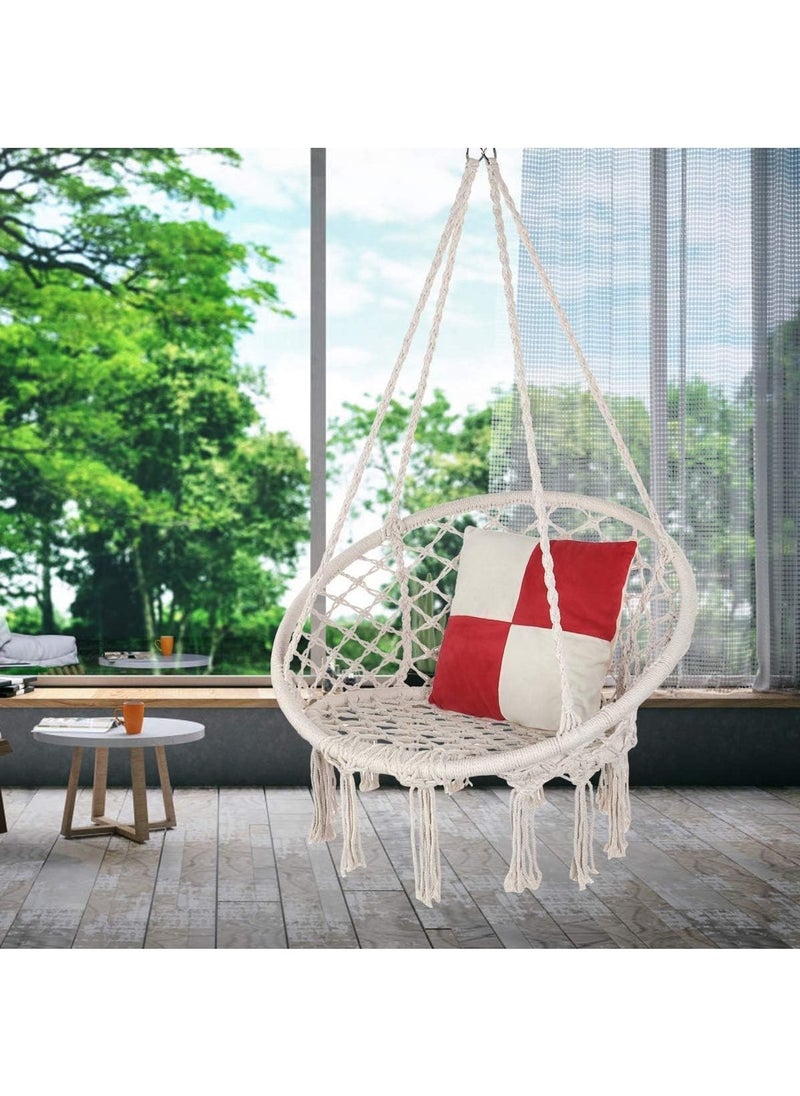 Hammock Chair Macrame Swing with Hanging Hardware Kit, Handmade Knitted Cotton Rope Hanging Chair, for Indoor Outdoor,(beige)
