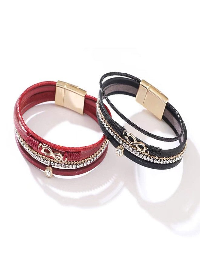 KunBead Red Leather Wrap Bracelets for Women Handmade Infinity Boho Multi-Layer Bracelet Wristband Cuff Bangle Birthday Jewelry - Image 2