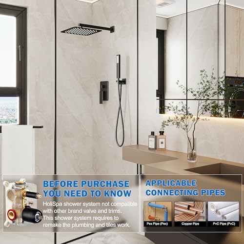 HoliSpa Black Shower System, Shower Faucet Set with 10-Inch Rain Showerhead and Handheld Spray, Wall Mounted High-Pressure Showerhead Combo Set Included Valve and Trim, Matte Black - Image 2