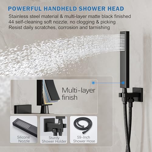 HoliSpa Black Shower System, Shower Faucet Set with 10-Inch Rain Showerhead and Handheld Spray, Wall Mounted High-Pressure Showerhead Combo Set Included Valve and Trim, Matte Black - Image 4