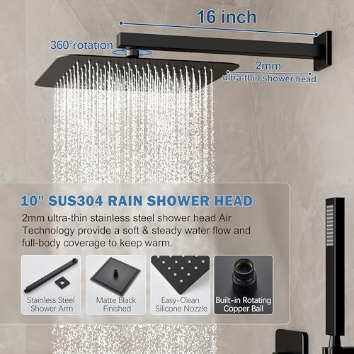 HoliSpa Black Shower System, Shower Faucet Set with 10-Inch Rain Showerhead and Handheld Spray, Wall Mounted High-Pressure Showerhead Combo Set Included Valve and Trim, Matte Black - Image 3