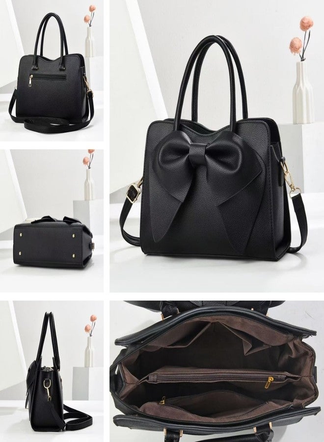 MIFORINES Women Soft Leather Handbag Bowknot Purses Top-Handle Satchel Tote Fashion Shoulder Bag (Black) - Image 2