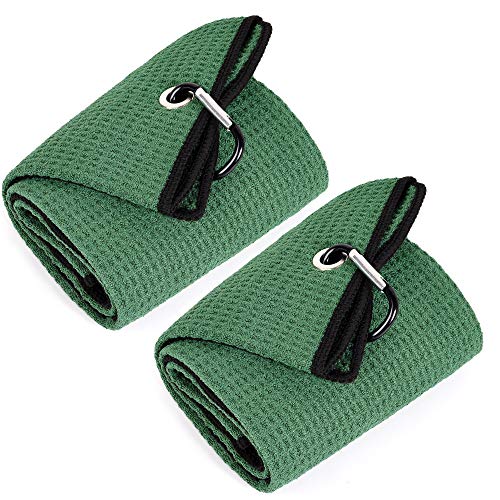 Mile High Life Mile High Life Trifold Golf Towel  Premium Microfiber Fabric  Waffle Pattern  with Heavy Duty Carabiner Clip  Golf Towel for Men and Women 2 Pack Green